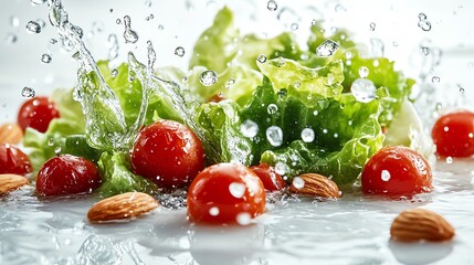 Fresh salad, cherry tomatoes and almonds with water splashing.