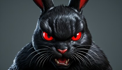 A close-up of a fierce-looking black rabbit with piercing red eyes. The rabbit's fur texture and intense expression create a dramatic and powerful image, perfect for conveying strength and mystery.