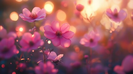 Wall Mural - Soft pink flowers bloom in a field at sunset, with a warm, blurry background.