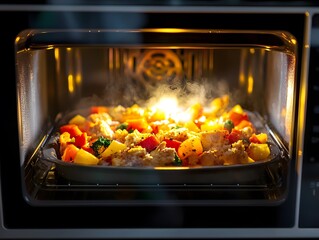 Wall Mural - Close-up of Roasted Chicken and Vegetables in Oven