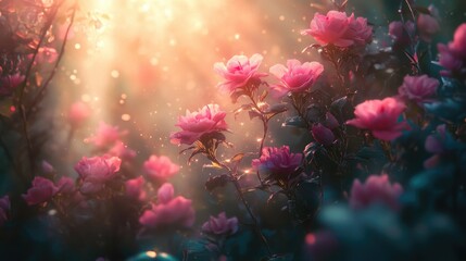 Wall Mural - Pink roses bloom in a field, bathed in soft, golden light as the sun sets behind them. The air is filled with a gentle breeze that creates a magical and dreamy atmosphere.