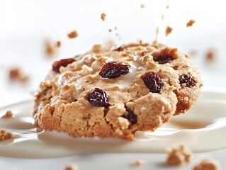 Raisin cookie with milk splash.