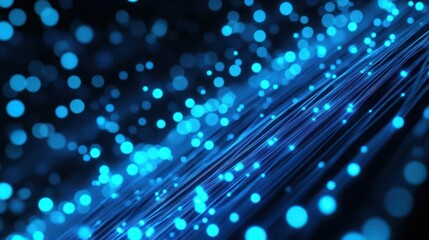 digital connectivity visual glowing blue fiber optic strands intricate network pattern futuristic tech concept dark background with luminous details