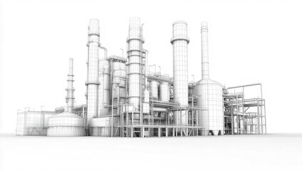 3D wireframe representation of an industrial plant on a white background showcasing complex architecture and engineering design.