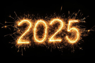 Wall Mural - glowing sparklers form the numbers 2025 against a pure black background, symbolizing celebration and