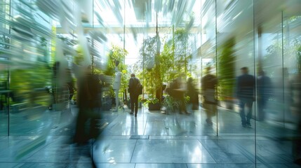 Wall Mural - blurred background of people walking in a modern office building with green trees and sunlight , eco