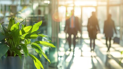 Wall Mural - blurred background of people walking in a modern office building with green trees and sunlight , eco