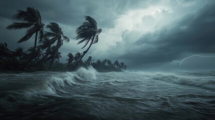 dramatic scene of hurricaneforce winds battering a tropical island towering waves bent palm trees and flooded landscapes intense stormy sky with lightning in muted ominous colors