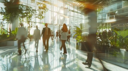Wall Mural - blurred background of people walking in a modern office building with green trees and sunlight , eco