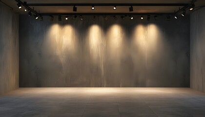 Vintage concrete room with spotlight illumination for presentations against dark, grunge background