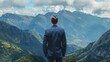 © SAIRA  BANO - Businessman in suit looking at mountain landscape, blue sky with clouds and trees. Business success concept, ultra realistic photo