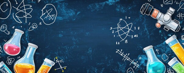 Poster - Science-themed educational template with laboratory equipment and chalkboard drawings for a creative school background
