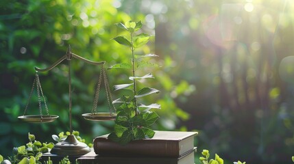 A wooden table with two books and an old brass balance scale, featuring green leaves in the background. The concept of sustainable business practices, environmental protection