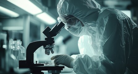 Scientist in protective gear examining samples through a microscope in a laboratory setting