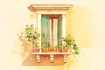 Charming watercolor illustration of a sunny balcony with green shutters and potted plants