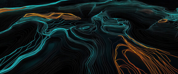 Abstract terrain map with black field and vibrant colorful lines in blue and orange creating a captivating visual pattern