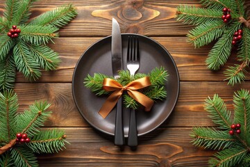 Wall Mural - Christmas setting with black plate, cutlery, spruce branches and ribbon on a wooden table