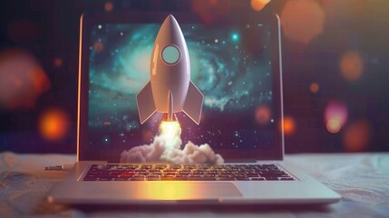 white rocket with a yellow flame blasting out of the screen of a black laptop computer. context of a rocket launching from a laptop is unusual and metaphorical.