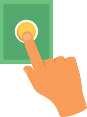 Poster - Cartoon style hand pressing a yellow button on a green control panel