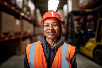 Wall Mural - Portrait of a middle aged female forklift worker in warehouse