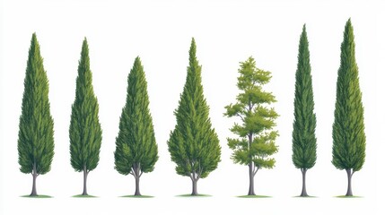 elegant cypress trees isolated on white evergreen conifers known for longevity slender conical shape mediterranean landscape element botanical illustration set