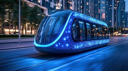 Futuristic tram with illuminated design drives through a modern cityscape, showcasing innovative urban transport.