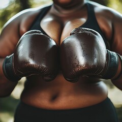 A close-up of plus-sized hands holding a pair of boxing gloves, ready for a workout session, symbolizing strength and resilience