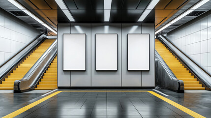 Wall Mural - mockup of three digital displays in a subway station between escalators. ideal for branding, adverti