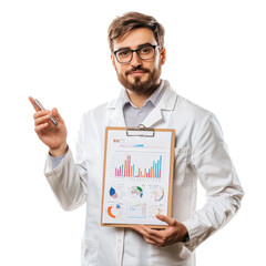 A data scientist holding a clipboard with charts and graphs, gesturing as if explaining data insights. isolated on transparency background