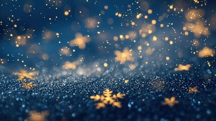 enchanted winter wonderland where shimmering golden particles dance through a midnight blue sky delicate snowflakes catch the magical light creating a mesmerizing tapestry of festive elegance