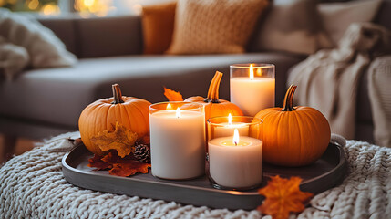 Wall Mural - A cozy autumn scene with pumpkins and candles on a tray, creating a warm atmosphere.