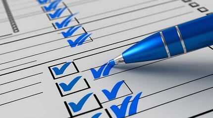 close-up of a checklist with black checkboxes, red checkmarks, and a pen. ideal for productivity too