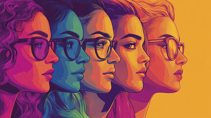 panorama illustration portraits close up of a group of women in row overlapping, women empowerment digital artwork artistic women's day female mother side view colorful background	