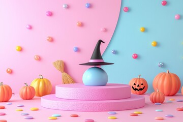 Wall Mural - Halloween Podium with Pumpkins, Witch Hat, and Colorful Confetti