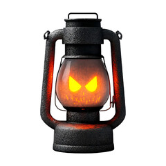 A vintage lantern with a glowing orange face, perfect for creating a spooky atmosphere or enhancing rustic decor.