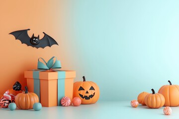 Wall Mural - Halloween decorations with pumpkins, gift box, and bat against teal background