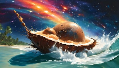 Coconut Spaceship Journey through Colorful Galaxies with a Trail of Stardust