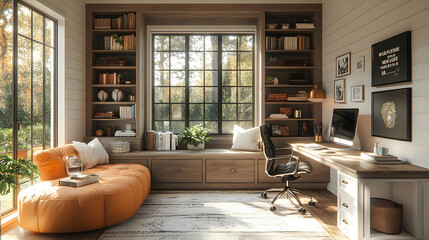 A cozy home office with a reading nook, large windows, and organized shelves.