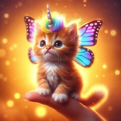 A tiny fluffy kitten with a soft orange fur, a rainbow unicorn horn and iridescent butterfly wings, perched on a human finger, looking up with wide, innocent eyes. Background is a warm golden glow. 4