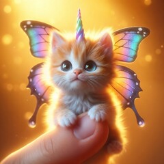 A tiny fluffy kitten with a soft orange fur, a rainbow unicorn horn and iridescent butterfly wings, perched on a human finger, looking up with wide, innocent eyes. Background is a warm golden glow. 2