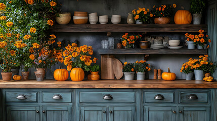 Wall Mural - A cozy kitchen scene adorned with vibrant flowers and pumpkins, celebrating autumn.