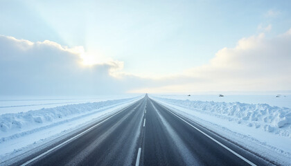 Sticker - Plowed highway in a snow-covered landscape with sunlight and a serene winter horizon.






