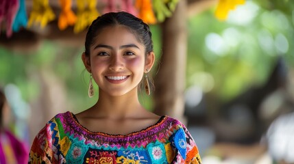 Wall Mural - Beautiful Young Mexican Girl in Traditional Huipil Embracing Natural Beauty with a Candid Smile