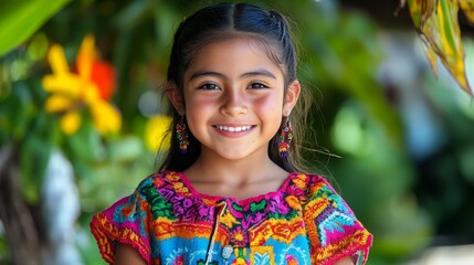 Wall Mural - Authentic Beauty: Candid Smiling Young Mexican Girl in Traditional Huipil