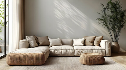 A cozy living room featuring a light-colored sectional sofa and a decorative plant.