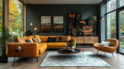 Wall Mural - A cozy living room featuring a modern design with warm colors and natural light.