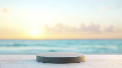 Canvas Print - Modern Black Iron Podium showcased from the front, set against a serene beach sunset backdrop, perfect for highlighting product presentations.