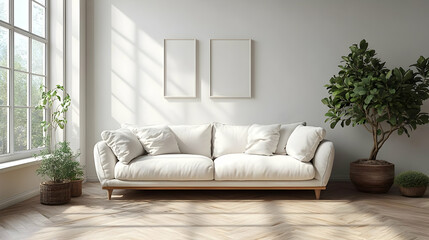 Wall Mural - A cozy living room featuring a soft sofa, plants, and natural light.