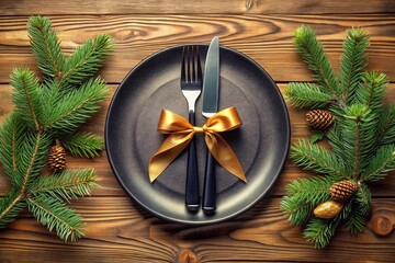 Wall Mural - Christmas setting with black plate, cutlery, spruce branches and ribbon on a wooden table