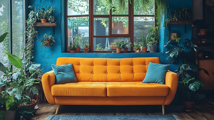 A cozy living room featuring an orange sofa and abundant indoor plants.